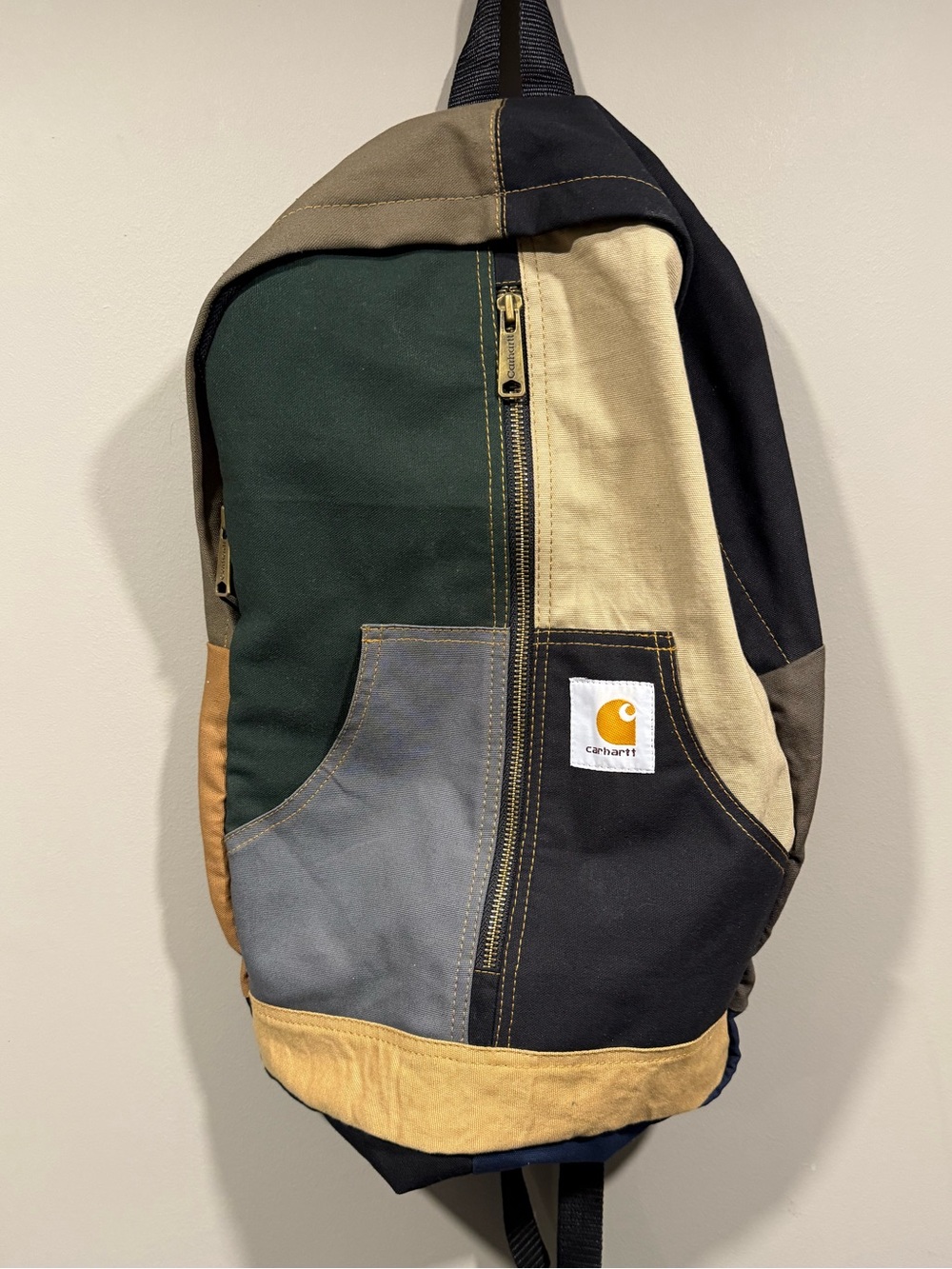 Carhartt insoired Multi‑Colorblock rework Canvas Backpack – dark green tan brown
